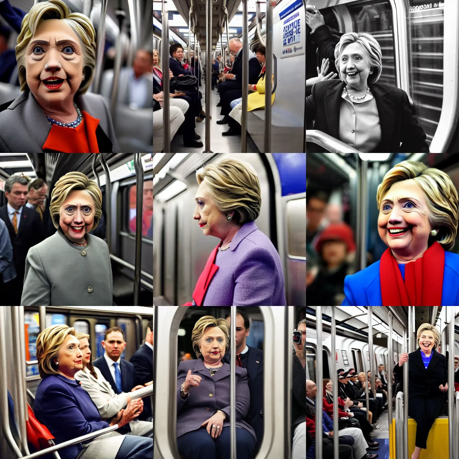 Prompt: detailed photo of hillary clinton riding the subway in nyc