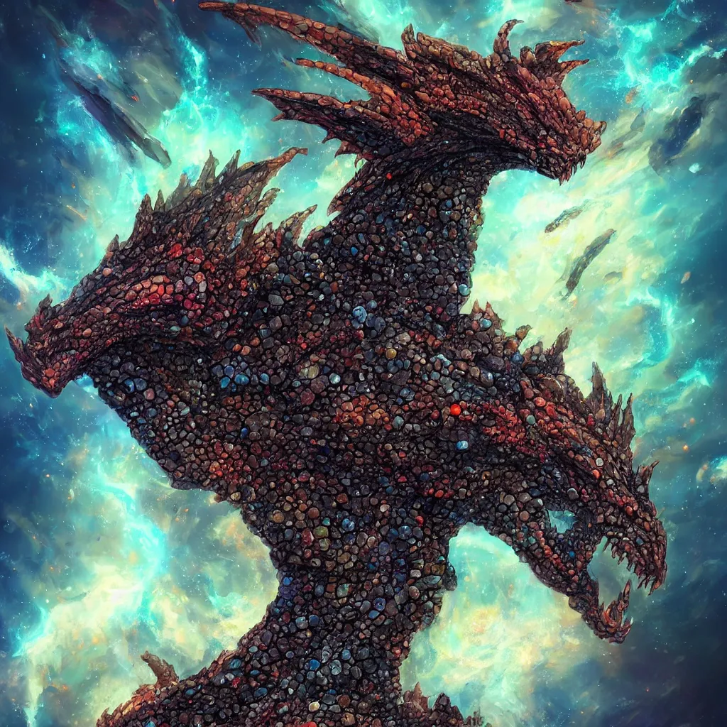 Image similar to A portrait of a dragon made of stones in a nebula explosion, trending on artstation, digital art,