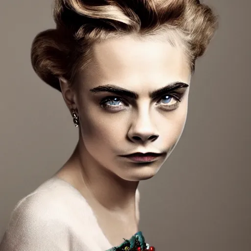 Prompt: photo of a gorgeous 20-year-old Cara Delevingne 1910s hairstyle by Mario Testino, detailed, head shot, award winning, Sony a7R -