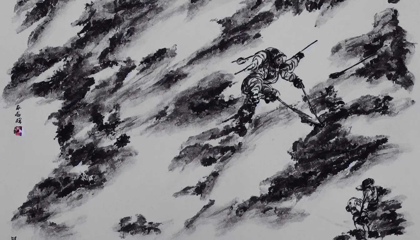 Image similar to traditional chinese ink drawing of a skier, ultra detailed