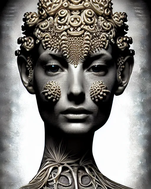Image similar to bw 3 d render of a beautiful female queen - cyborg - vegetal, intricate fractal ornament in the bust with a very long neck, elegant, highly detailed intricate rococo ornament in her blond long hair, realistic, refined, highly detailed, cinematic outdoor lighting, by flora borsi in the style of dora maar, volumetric lighting, hyper realistic photography