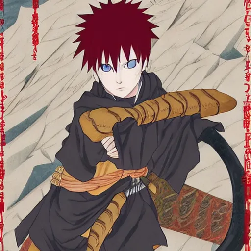 Image similar to Gaara Narutopunk Oni Shinobi at the gates of Tartarus Sand Crest Ninja Warrior Portrait Portrait Wearing Red Ninja-Yoroi uta natsume inio asano naoko takeuchi shotaro ishinomori Max Ernst Rossdraws Ryan Gitter Ilya Repin Final Fantasy Cover Art