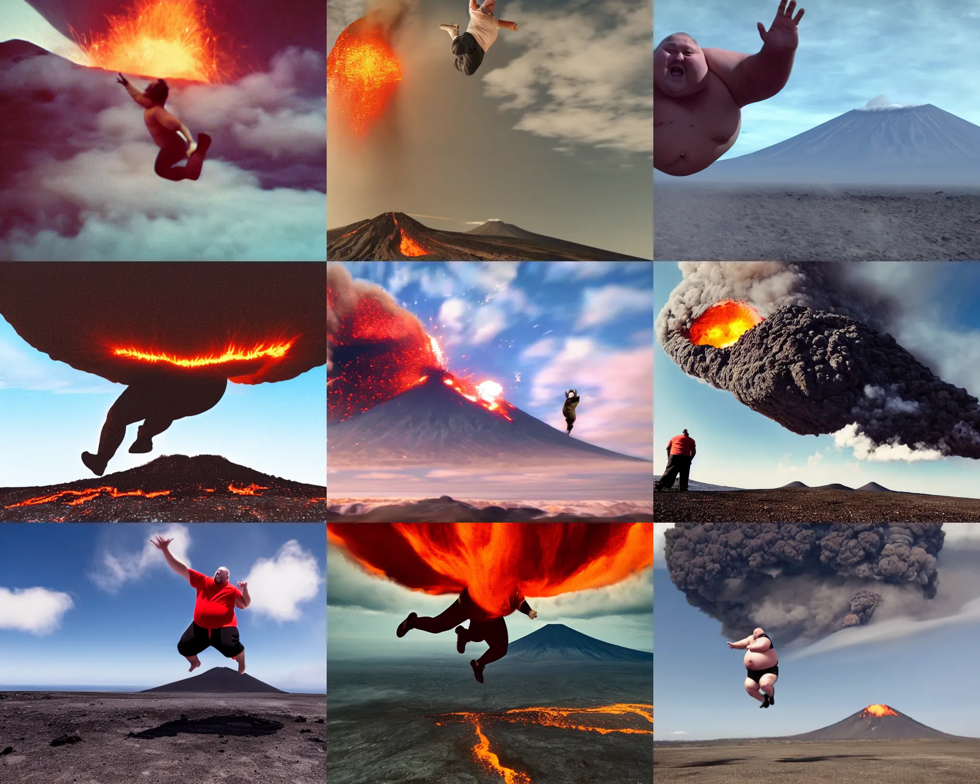 Prompt: A fat man is jumping over a volcano, cinematic shot