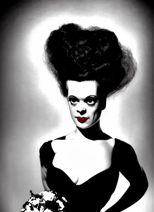 Prompt: pin - up photography of the bride of frankenstein, flash photography,