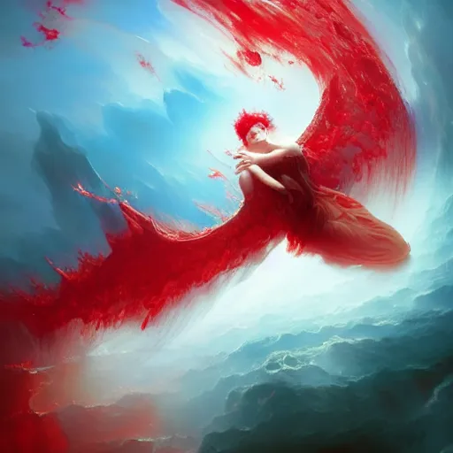 Image similar to a fallen angel in red fluid simulation, painting by ross tran and ivan aivazovsky