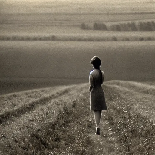 Image similar to a closeup of a woman's back in a countryside, Andrei Tarkovsky film style, photography, 1970s