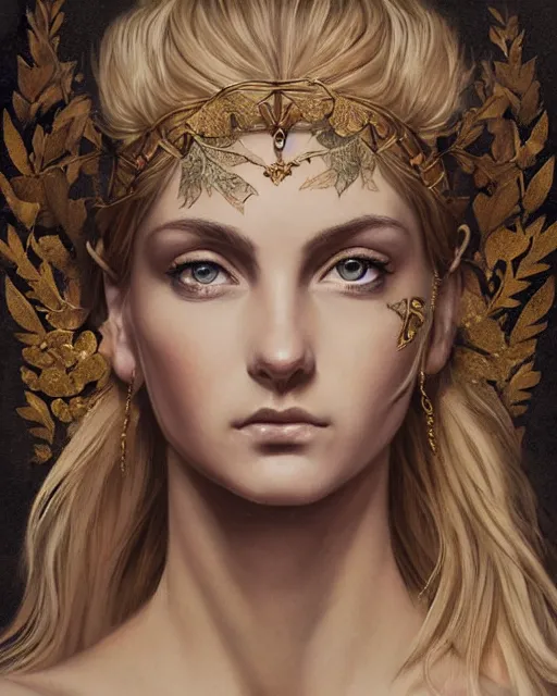 Image similar to front view of beautiful aphrodite greek goddess wearing a gold laurel wreath and triangle earrings, realism tattoo sketch, beautiful piercing eyes with sharp pupils, beautiful blonde hair, in the style of greg rutkowski, fantasy, amazing detail, epic, elegant, smooth, sharp focus