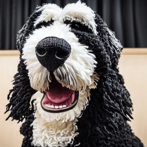 Image similar to a closeup photorealistic illustration of a smiling knitted bernedoodle judge dog dressed in a black gown, presiding over the courthouse. this 4 k hd image is trending on artstation, featured on behance, well - rendered, extra crisp, features intricate detail, epic composition and the style of unreal engine.