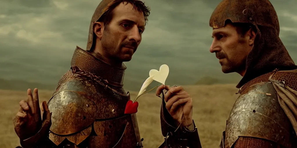 Image similar to film still of closeup the knight holds a bleeding heart in his hand by emmanuel lubezki