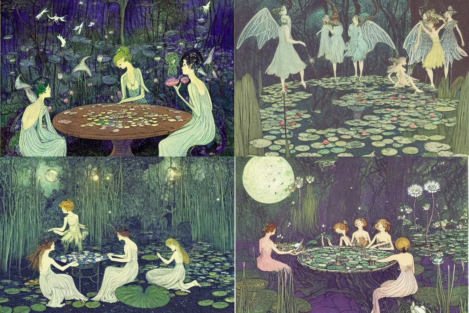 Prompt: a group of gracious fairies with wings playing cards on a table in an atmospheric moonlit forest next to a beautiful pond filled with water lilies, artwork by ida rentoul outhwaite