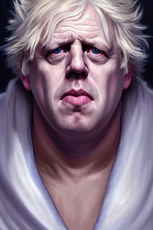 Image similar to Boris Johnson as Rick Sanchez, one eyebrow, white robe, big eyes, 2d portrait, symmetrical, highly detailed, digital painting, artstation, concept art, smooth, sharp focus, illustration, cinematic lighting, art by artgerm and greg rutkowski and alphonse mucha