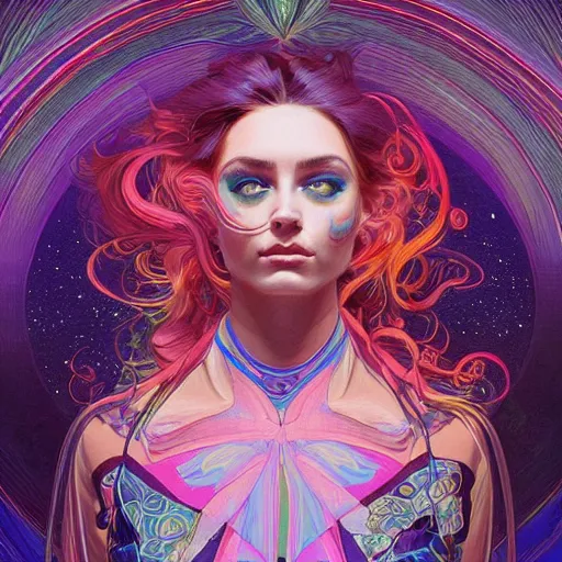 Prompt: Psychedelic Portrait of very very very very very very beautiful woman, spacesuit, purple eyes, intricate, elegant, highly detailed, trippy, dmt, digital painting, artstation, concept art, smooth, sharp focus, illustration, art by artgerm and greg rutkowski and alphonse mucha