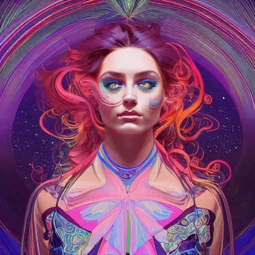 Image similar to Psychedelic Portrait of very very very very very very beautiful woman, spacesuit, purple eyes, intricate, elegant, highly detailed, trippy, dmt, digital painting, artstation, concept art, smooth, sharp focus, illustration, art by artgerm and greg rutkowski and alphonse mucha