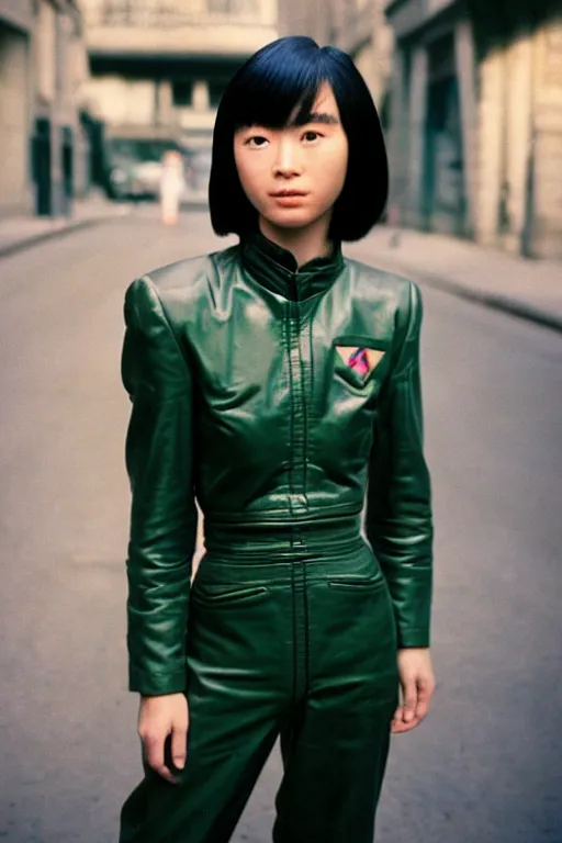 Prompt: ektachrome, 3 5 mm, highly detailed : incredibly realistic, beautiful three point perspective portrait photo in style of chiaroscuro style 1 9 9 0 s frontiers in flight suit cosplay paris street photography, youthful asian demure, perfect features, cool haircut, atheletic agency model, vogue fashion edition