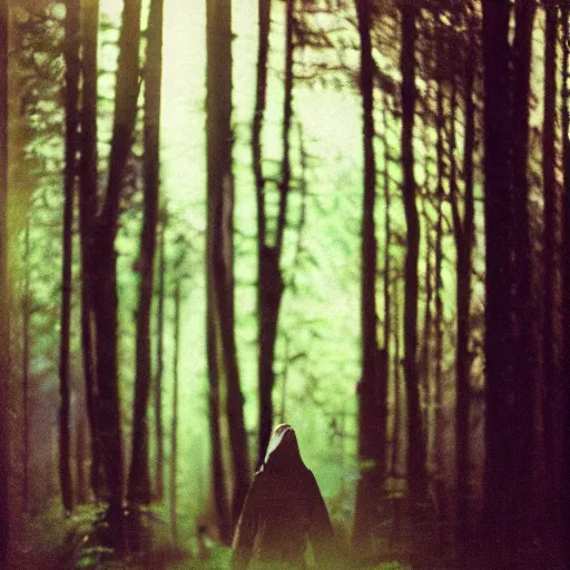 Prompt: skinwalker in a forest, blurry photo, polaroid, expired film,