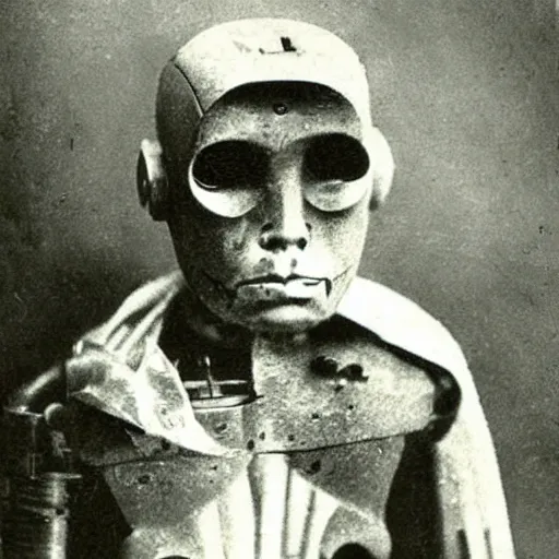 Prompt: early 1900s picture of a sad cyborg