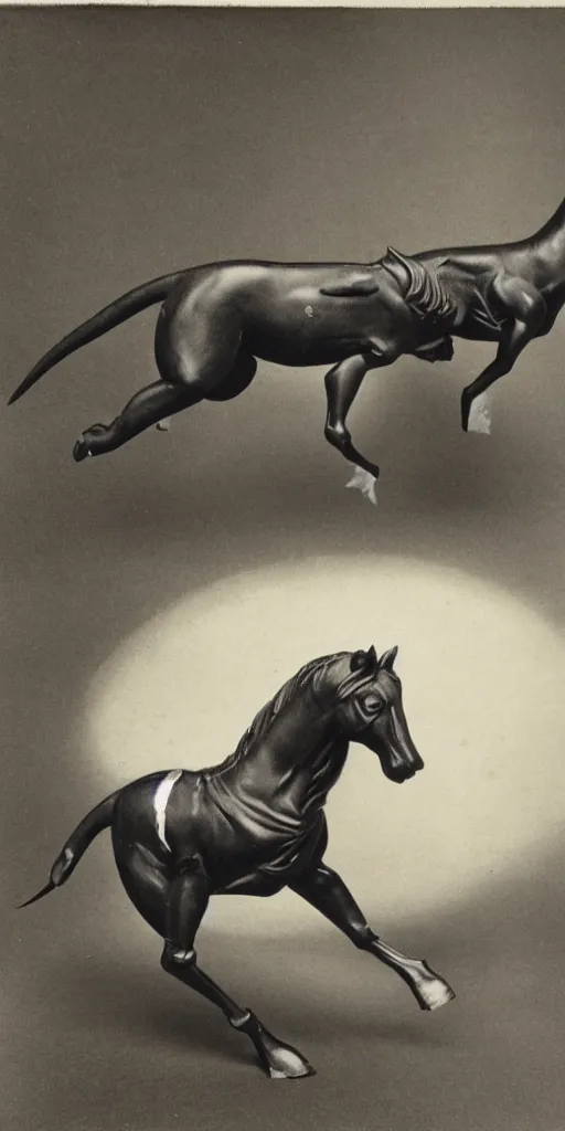 Image similar to t rex and a horse wearing high heels, anamorphic, strange, black and white, photograph, 1850s