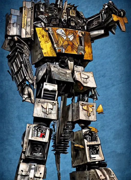 Image similar to A giant bipedal autobot transformer made out of pirate ship, digital art