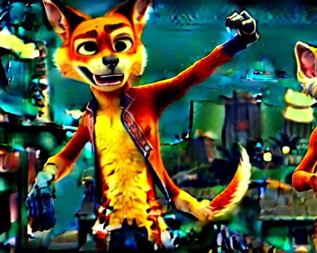 Image similar to nick wilde as max payne 3 set in gritty neo - noir zootopia, battle through the favela / furvela