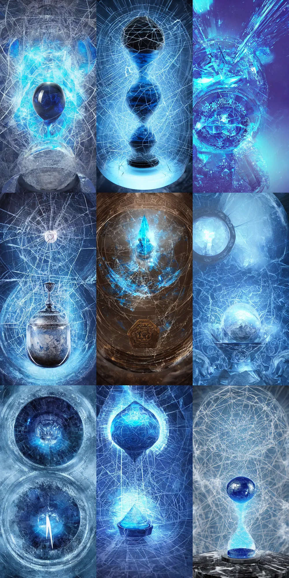 Prompt: blue aztec cobweb inside a marble, hourglass, lightning, intricate detail, volumetric lighting, epic composition, hyper detailed, ultra realistic, sharp focus, octane render, candle, volumetric, ray tracing, artstation trending, cgsociety, sense of awe, swirling mist, 4 k