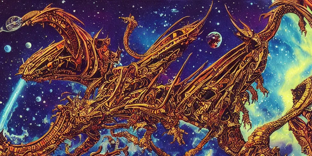 Prompt: an alien dragon flying through outer space, epic nebula, style of philippe druillet art