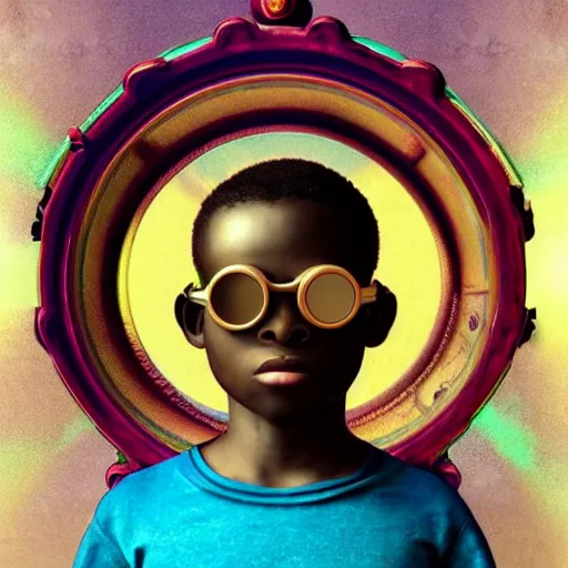 Image similar to colourful vfx upper half - portrait - art of a nigerian boy wearing steam punk goggles, art by alphonse mucha & james jean, digital render, digital illustration, concept art, caricature, volumetric light, ray tracing, symmetrical, unreal engine, octane 3 d render, sharp, detailed, intricate detail, pinterest, behance, art station,