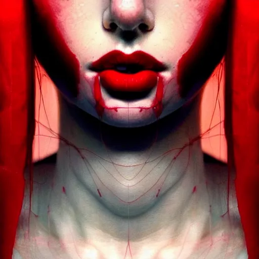 Image similar to lips sewn shut surrounded by red curtains by Conrad Roset and Nicola Samuri, close-up shot, rule of thirds, seductive look, beautiful, intricate, dystopian, sci-fi, extremely detailed, digital painting, artstation, concept art, smooth, sharp focus, illustration, intimidating lighting, incredible art, details visible, very dark ambiance