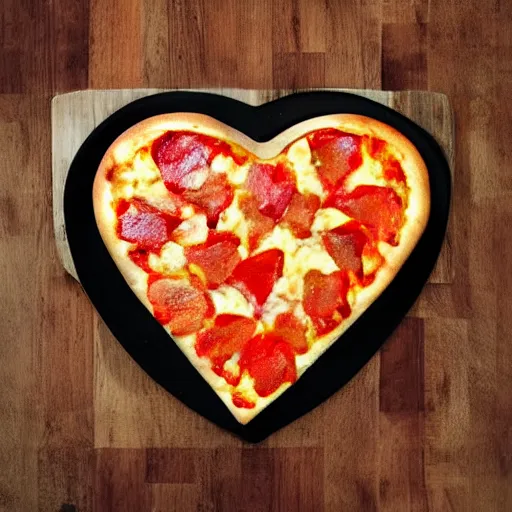 Image similar to heart shaped pizza with alot of cheese, on a wooden plate