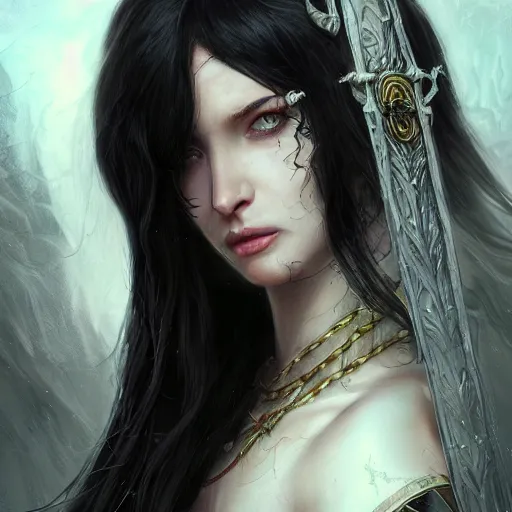 Prompt: a priestess with long black hair. Epic fantasy, 4k. realistic. Detailed. Digital painting. Sharp focus, illustration, Beautiful, gorgeous. Cinematic. Dramatic. High contrast. artstation. smooth.