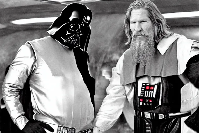 Image similar to Jeff Bridges from The Big Lebowski bowling in the Mos Eisley Cantina from Star Wars with Darth Vader