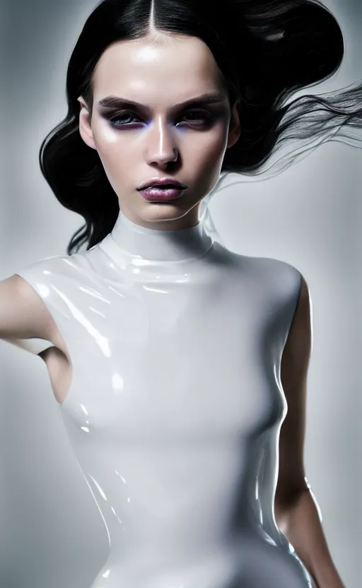Prompt: portrait of a fierce nubile young woman with long dark hair and white makeup, painted in futuristic white latex, waves of billowing doily dress, clear skin, elegant, graceful, fashionable, cinematic, hyperdetailed illustration by irakli nadar and alexandre ferra, depth of field, global illumination,