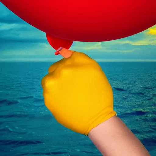 Image similar to album art of a human hand with five fingers holding a yellow balloon sticking out of the ocean with a red sky in the background by chris bilheimer