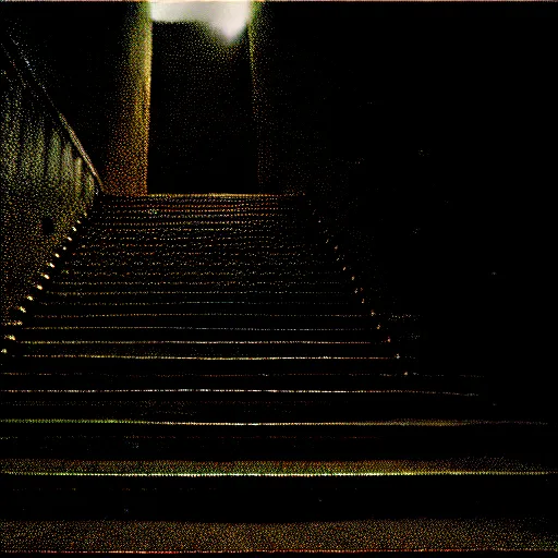 Image similar to black and white surreal photograph, highly detailed vast space made of stairsteps, sideview, detailed textures, natural light, mist, architecture photography, film grain, soft vignette, sigma 1 4 mm f / 1. 4 1 / 1 0 sec shutter, imax 7 0 mm footage