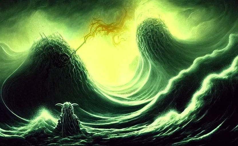 Image similar to beautiful digital fantasy illustration of a demon holding a staff!!, hellish background, a giant wave in the sky, apocalypse art!!!!, apocalypse landscape!!!!!, lovecraftian!!, cosmic horror!!!, concept art by Jarosław Jaśnikowski, a detailed matte painting by Dan Luvisi, cgsociety, fantasy art, highly detailed, soft lighting, rendered in octane, masterpiece, very very very aesthetic