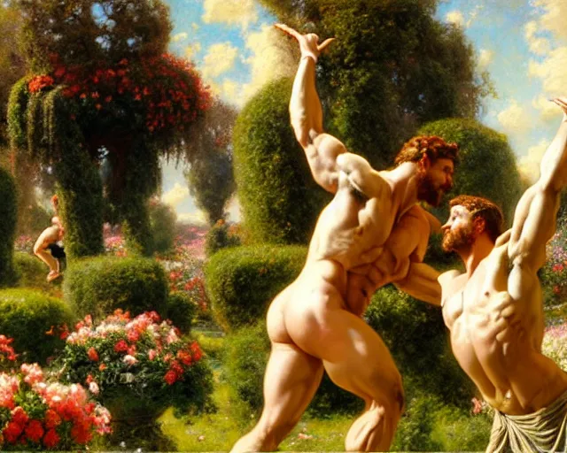 Image similar to muscular hercules and muscular achilles frolic in a meadow of beautiful flowers, large topiary and marble pillars in the background, painting by gaston bussiere, craig mullins, j. c. leyendecker, tom of finland