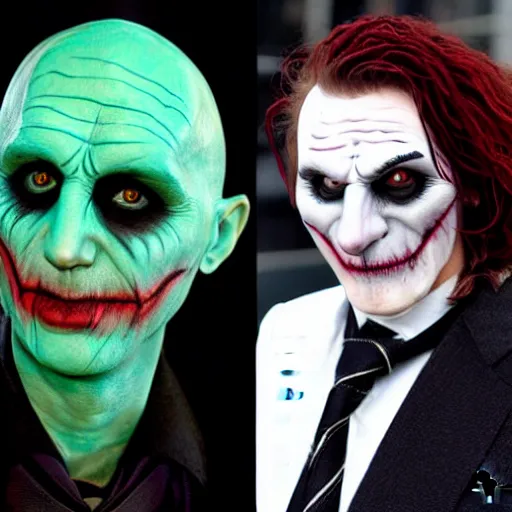 Image similar to voldemort with joker makeup, highly detailed