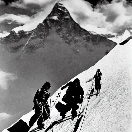 Image similar to b&w photo of Frida kahlo and Salvador Dali skiing down mount Everest