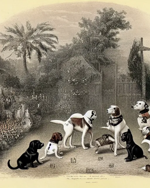 Prompt: “Who Let the Dogs Out” constables investigate the scene of a quaint garden, overrun by champion show dogs canines, a Victorian lithograph