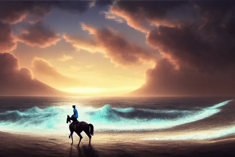 Image similar to photo of man riding a horse along the beach, glowing underwater waves toward a lighthouse in the distance guiding his way, silhouette, wide horizon, large white clouds, flying birds, night, intricate, elegant, highly detailed, digital painting, artstation, concept art, smooth, sharp focus, illustration, art by artgerm and greg rutkowski and fra angelico