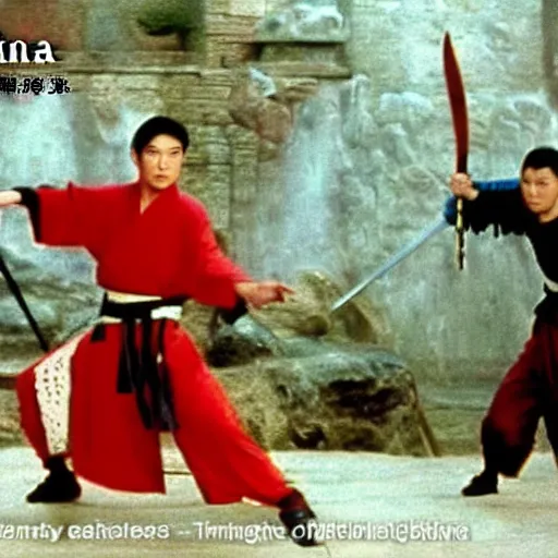 Prompt: xianxia fantasy, french swordsman fighting chinese swordsman, xuanhuan martial artist fighting european knight, chinese swordsman fighting medieval european swordsman, fantasy, wuxia, pseudo - medieval fantasy, cinematic, 1 9 8 6 movie screenshot