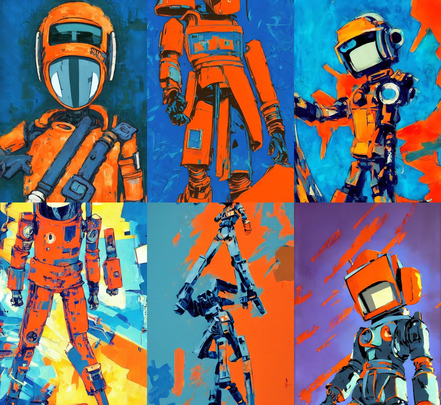 Prompt: highly detailed orange blue canti standing triumph after a battle from flcl ( 2 0 0 1 ), hoody, style of ashley wood, yoji shinkawa, yoh yoshinari, hiroyuki imaishi, 6 0's french movie poster, french impressionism, vivid colors, palette knife and brush strokes, grunge aesthetic, dynamic composition