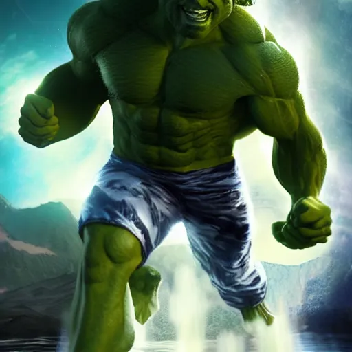 Image similar to photomanipulation of BOB ROSS as hulk, marvel, fully detailed, volumetric lightening, octane render