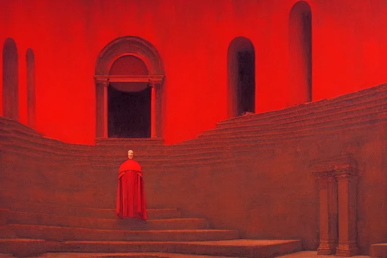 Image similar to only with red, a red melted emperor, taormina amphitheatre, crowd hails him, in the style of beksinski, parts by edward hopper, parts by rodcenko, parts by yue minjun, intricate and epic composition, red by caravaggio, insanely quality, highly detailed, masterpiece, red light, artstation, 4 k