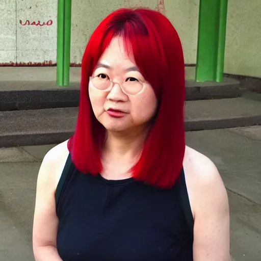 Prompt: a centered render of junie lau, red hair