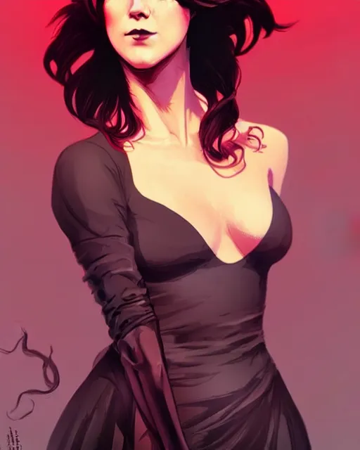 Prompt: style of rafael albuquerque, artgerm, conrad roset, hubert robert : : gorgeous mary elizabeth winstead : : evil sorceress, swirling black magic, black dress : : symmetrical face, symmetrical eyes : : full body pose : : gorgeous red hair : : cinematic lighting : :