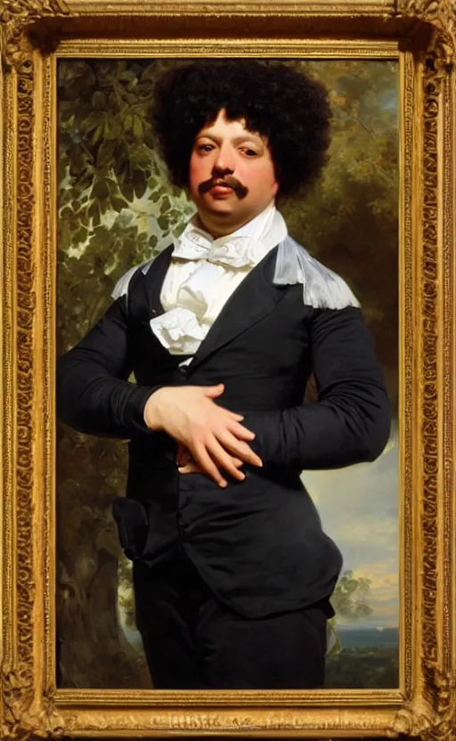 Image similar to Portrait of Alexandre Dumas, oil on canvas, highly detailed, high contrast, by Franz Xaver Winterhalter, 8k