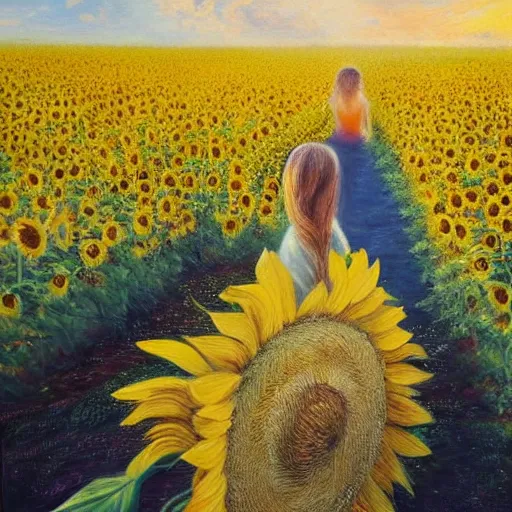 Image similar to a girl slowly walking through amazing tall sunflower field, hair flowing, early morning lighting, elegant, subtle, intricate details, real masterpiece, oil on canvas, by somsak anong