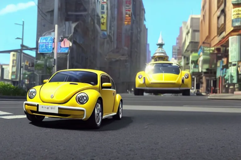 Image similar to a wholesome animation key shot of!! one!! focused!! vw beetle superbug!! in shiny reflective stainless steel, in a sydney street in australia, medium shot, studio ghibli, ( pixar ) and disney animation, sharp, very detailed, high resolution, rendered in unreal engine 5, anime key art by greg rutkowski, bloom, dramatic lighting