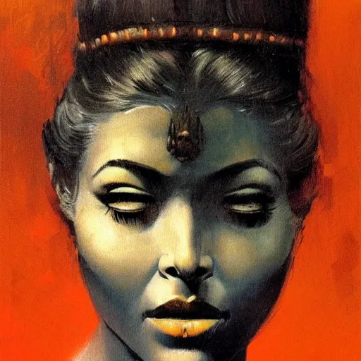 Image similar to a close up portrait of amazon, by frank frazetta, digital painting masterpiece, beautiful brush strokes, advanced lighting technology, symmetry