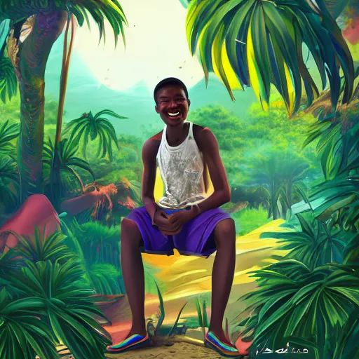 Image similar to concept art of beautiful futuristic, hyperrealistic, sci - fi, smiling african teen boy, peaceful, meditating, colourful digital art, colourful jungle, trending on artstation, detailed